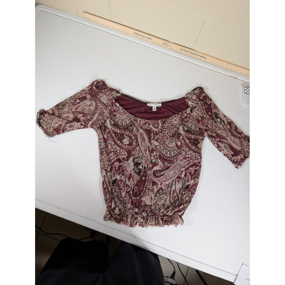 French Laundry Women Paisley Mesh Smocked Hem Top Burgundy Small Half Sleeve